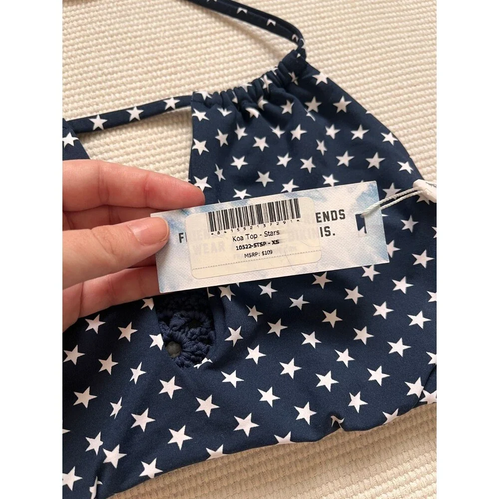 Frankies Bikinis Koa Halter Bikini Top in Navy Stars Size XS NEW!